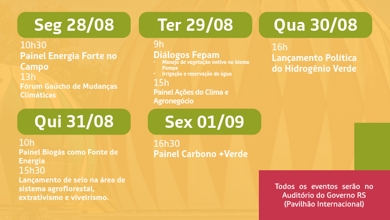 Além dos atendimentos técnicos, a Sema e a Fepam contarão com uma programação diversificada, com fóruns, painéis e lançamentos