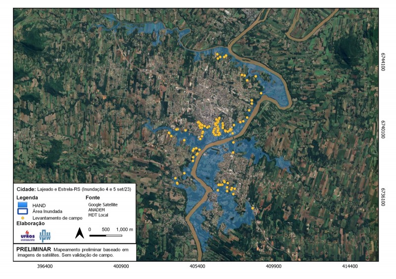 Mapeamento preliminar da inundação nas cidades de Lajeado e Estrela.