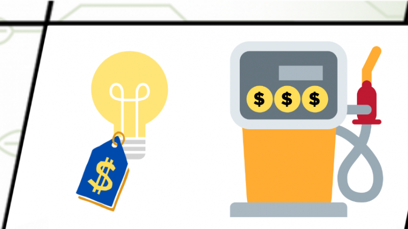 Ilustração de uma lâmpada com etiqueta de preço e uma bomba de gasolina com preço no visor - Significando a composição dos preços e a origem dos valores que formam as tarifas de energia.