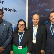 na imagem, quatro pessoas aparecem sorrindo para a câmera. ao centro, a secretária marjorie e o presidente Renato. nas extremidades, os representantes da Agência Internacional de Energia Renovável. Ao fundo, um painel com as marcas da instituição.