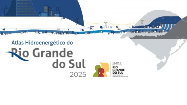 arte com elementos em azul conectam com o mapa do rio grande do sul. ao centro, a logomomarca do Governo e o escrito "ATLAS HIDROENERGÉTICO DO RIO GRANDE DO SUL 2025".