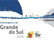 arte com elementos em azul conectam com o mapa do rio grande do sul. ao centro, a logomomarca do Governo e o escrito "ATLAS HIDROENERGÉTICO DO RIO GRANDE DO SUL 2025".