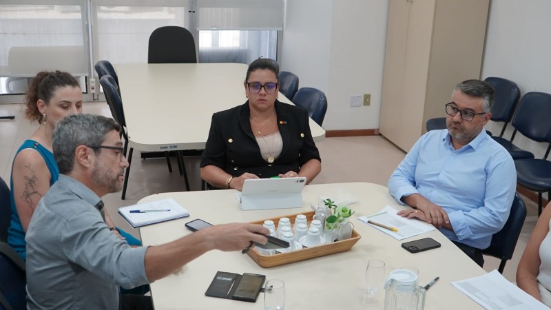 A imagem mostra uma mesa de reuniões ao centro. no entorno, a secretária da Sema, o secretário adjunto e o presidente da Agapan olham-se, em reunião.