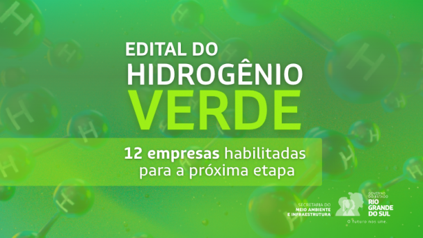 Card em tons de verde com a frase "Edital do Hidrogênio Verde" em destaque. Abaixo, está escrito: "12 empresas habilitadas para a próxima etapa". Ao fundo, há ilustrações de moléculas de hidrogênio (representadas por esferas verdes com a letra H). No canto inferior direito, aparecem os logotipos do Governo do Estado do Rio Grande do Sul e da Secretaria do Meio Ambiente e Infraestrutura.