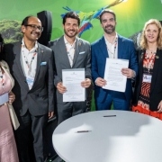 Marjorie Kauffmann, Kamal Kishore, Nahuel Arenas-García, governador Eduardo Leite, Silvia Rucks (ONU) e Pedro Capeluppi