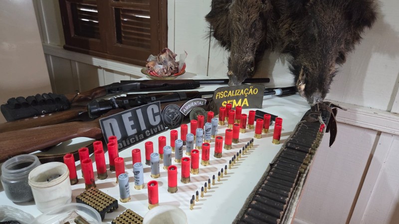 Mesa branca exibe materiais apreendidos em opera&ccedil;&atilde;o de fiscaliza&ccedil;&atilde;o ambiental. Sobre a mesa, h&aacute; duas armas longas (espingardas), diversas muni&ccedil;&otilde;es organizadas em fileiras &mdash; incluindo cartuchos vermelhos e cinzas e balas de diferentes calibres &mdash; al&eacute;m de caixas e recipientes com mais proj&eacute;teis. Ao fundo, duas cabe&ccedil;as de javali taxidermizadas est&atilde;o apoiadas na parede, e um prato com carne crua aparece ao lado. Placas com as inscri&ccedil;&otilde;es &ldquo;DEIC Pol&iacute;cia Civil&rdquo; e &ldquo;Fiscaliza&ccedil;&atilde;o SEMA&rdquo; identificam a a&ccedil;&atilde;o conjunta. O ambiente &eacute; interno, com parede branca e janela de madeira ao fundo.