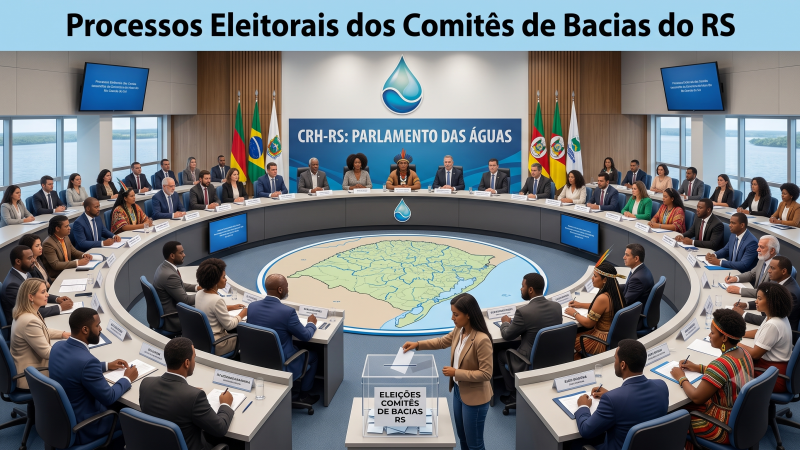 A imagem ilustra o "Parlamento das &Aacute;guas": um plen&aacute;rio moderno com uma grande mesa circular contornando um mapa do Rio Grande do Sul e suas bacias hidrogr&aacute;ficas. Ao redor da mesa, h&aacute; uma representa&ccedil;&atilde;o diversa de conselheiros (homens, mulheres, pessoas brancas, negras e ind&iacute;genas). Em primeiro plano, uma mulher deposita um voto em uma urna transparente marcada como "Elei&ccedil;&otilde;es Comit&ecirc;s de Bacias RS".